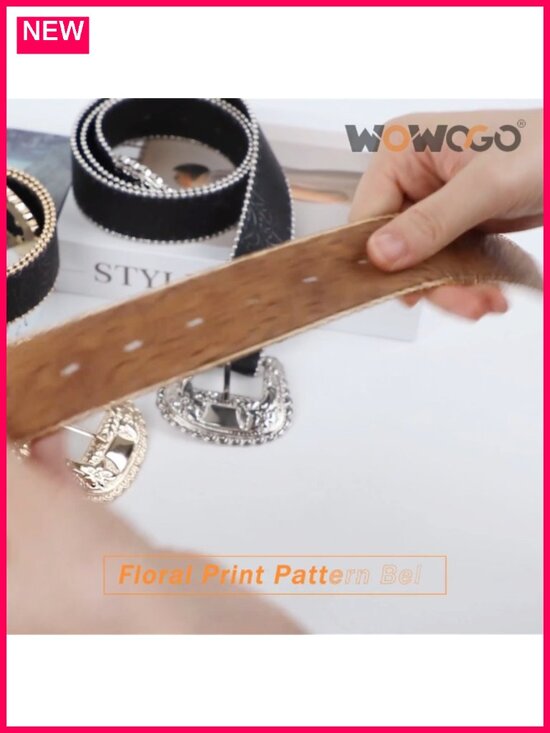 Faux Leather Western Floral Belt with Bead Decor for Women main image 5